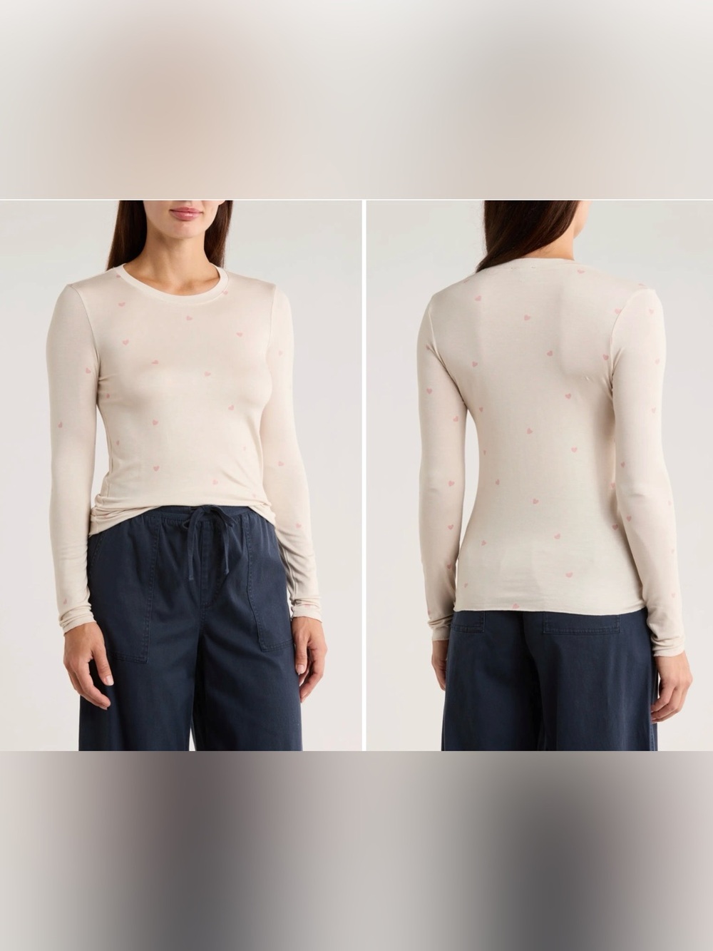 Splendid Cream Long Sleeve Top with Pink Heart Print